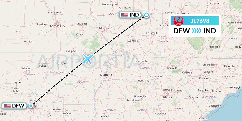 JL7698 Japan Airlines Flight Map: Dallas to Indianapolis