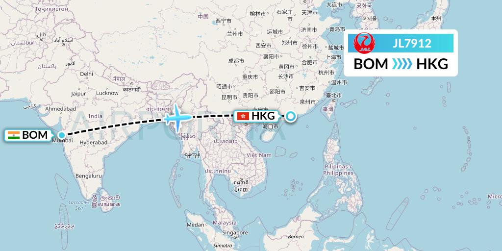 JL7912 Japan Airlines Flight Map: Mumbai to Hong Kong
