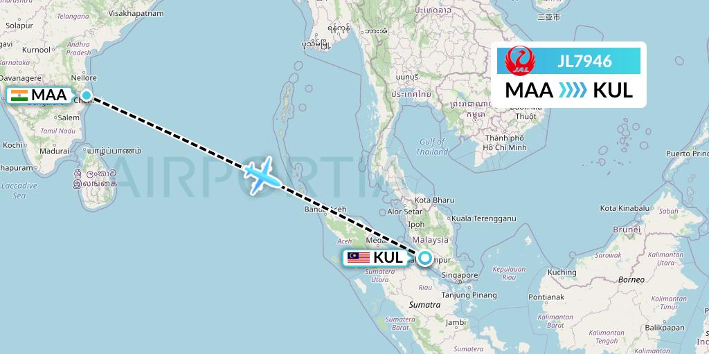 JL7946 Japan Airlines Flight Map: Chennai to Kuala Lumpur