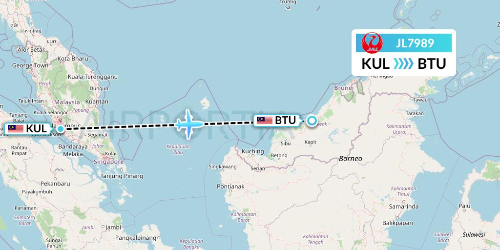 JL7989 Japan Airlines Flight Map: Kuala Lumpur to Bintulu
