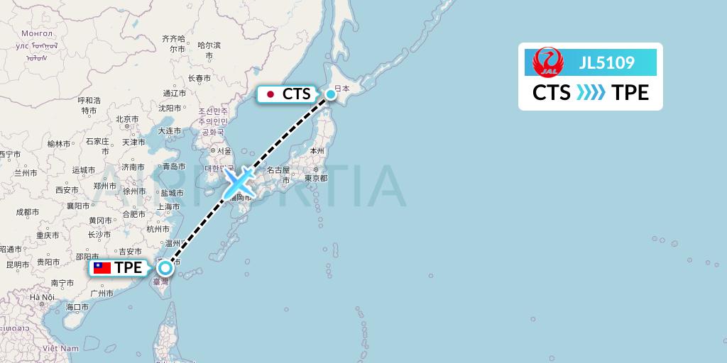 JL5109 Japan Airlines Flight Map: Sapporo to Taipei