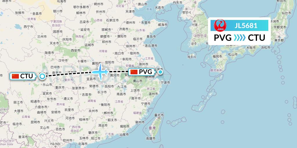 JL5681 Japan Airlines Flight Map: Shanghai to Chengdu