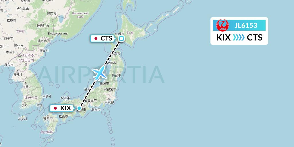 JL6153 Japan Airlines Flight Map: Osaka to Sapporo