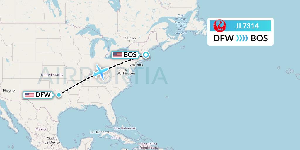 JL7314 Japan Airlines Flight Map: Dallas to Boston
