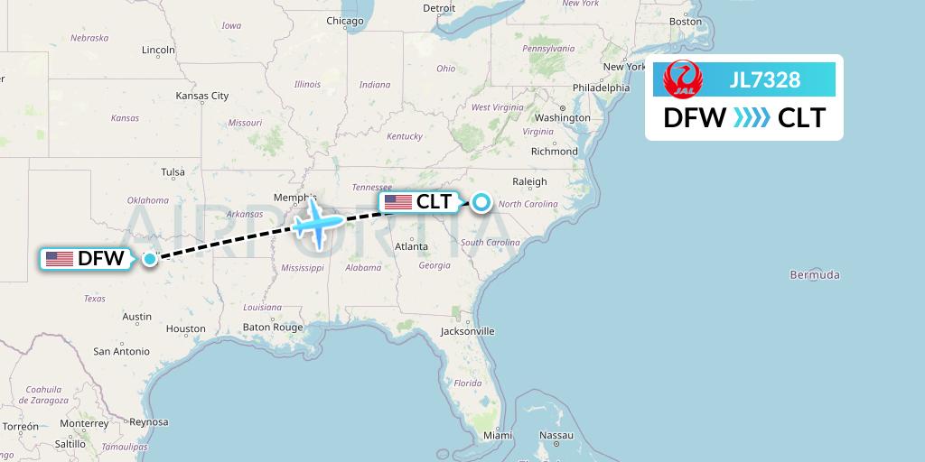 JL7328 Japan Airlines Flight Map: Dallas to Charlotte