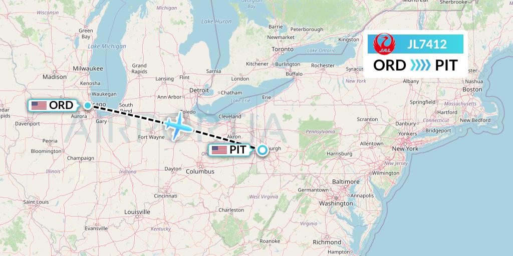 JL7412 Japan Airlines Flight Map: Chicago to Pittsburgh
