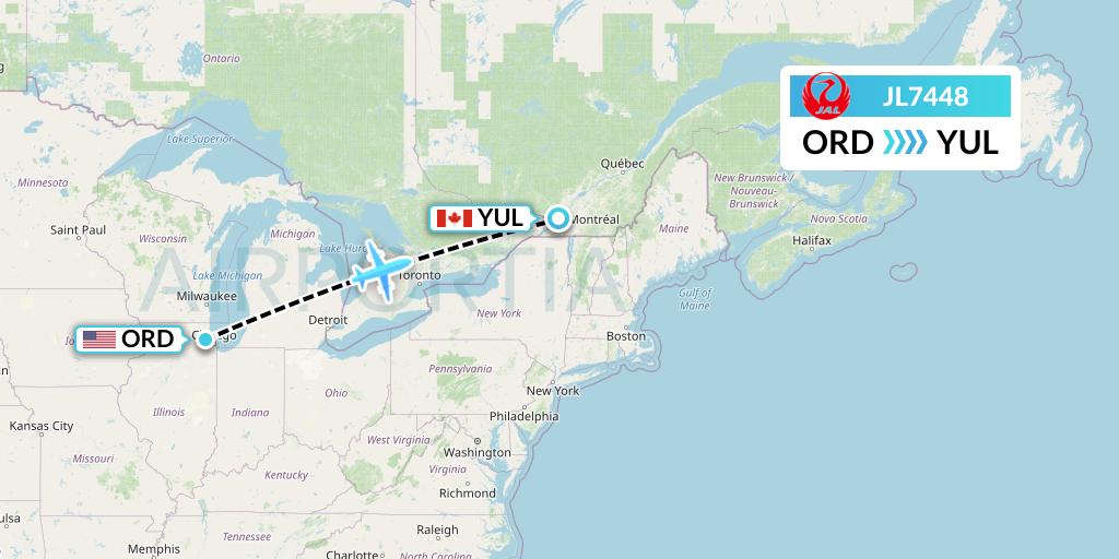JL7448 Japan Airlines Flight Map: Chicago to Montreal