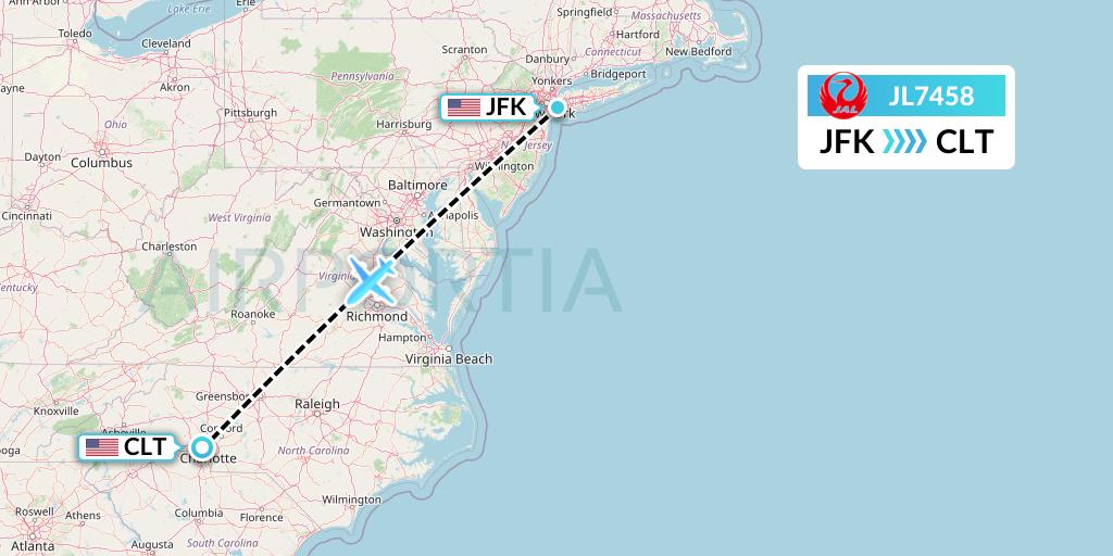 JL7458 Japan Airlines Flight Map: New York to Charlotte