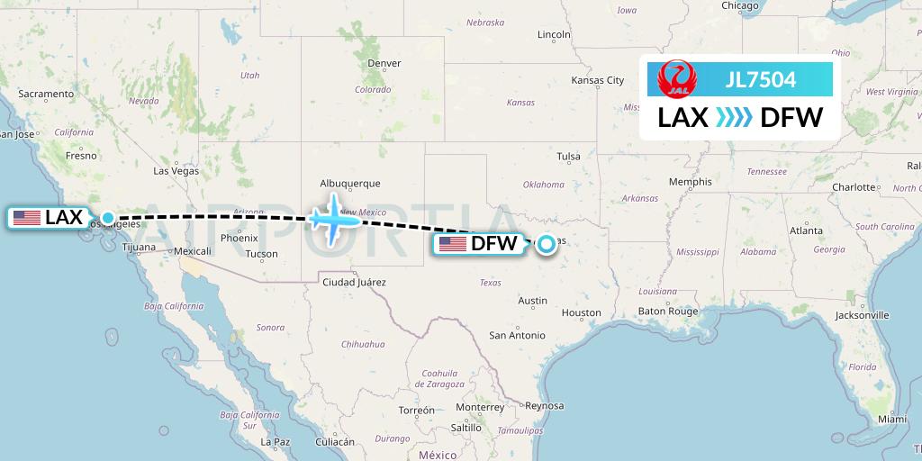 JL7504 Japan Airlines Flight Map: Los Angeles to Dallas