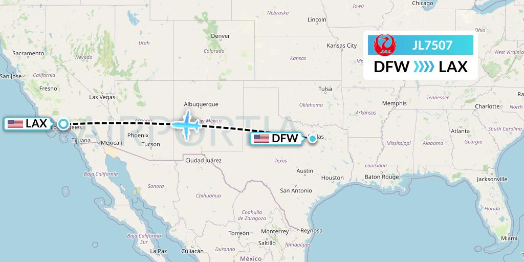 JL7507 Japan Airlines Flight Map: Dallas to Los Angeles