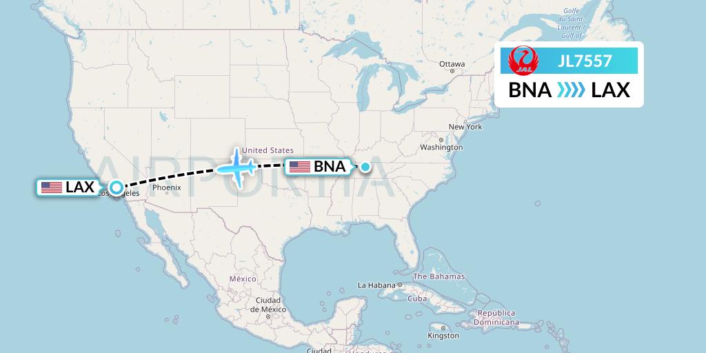 JL7557 Japan Airlines Flight Map: Nashville to Los Angeles