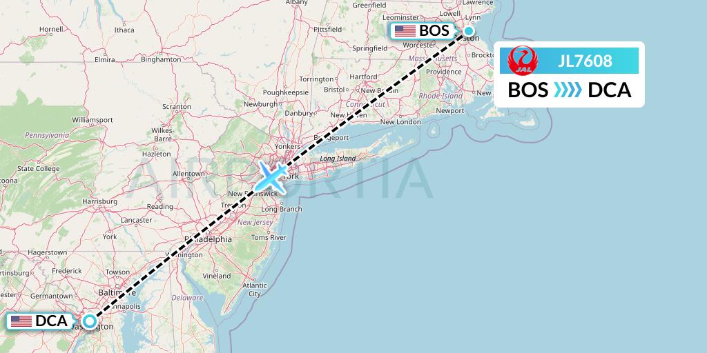 JL7608 Japan Airlines Flight Map: Boston to Washington