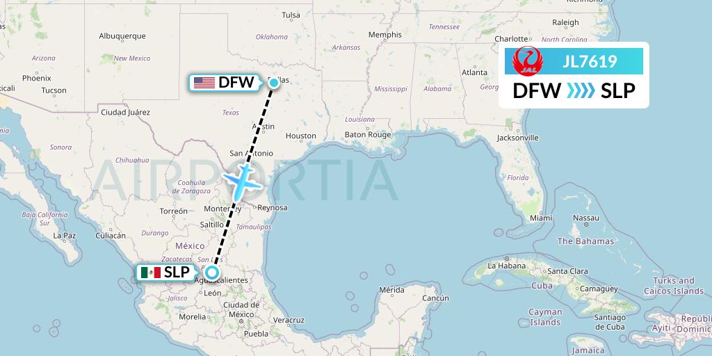 JL7619 Japan Airlines Flight Map: Dallas to San Luis Potosi
