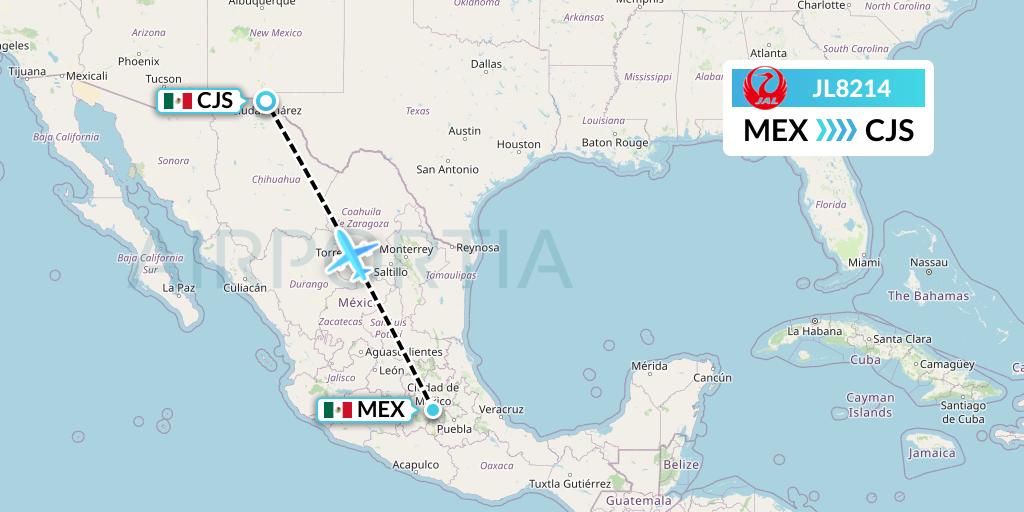 JL8214 Japan Airlines Flight Map: Mexico City to Ciudad Juarez