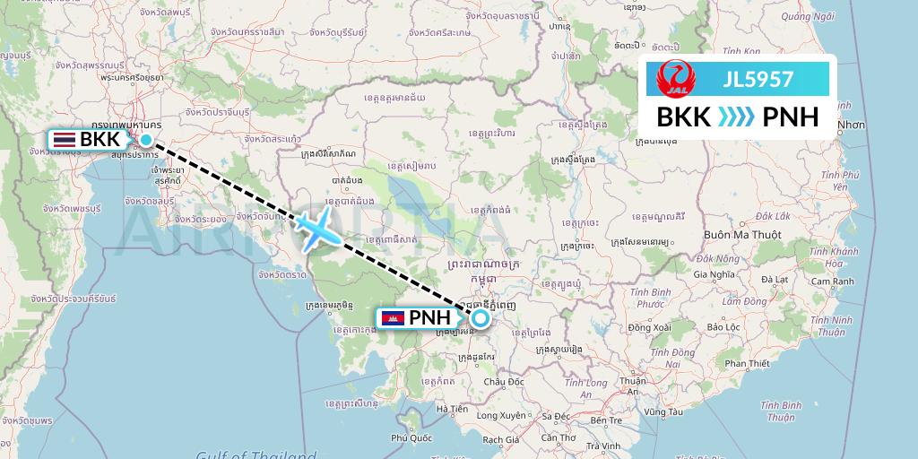JL5957 Japan Airlines Flight Map: Bangkok to Phnom Penh