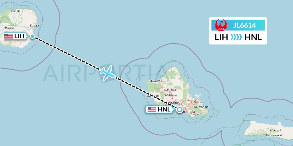 JL6614 Japan Airlines Flight Map: Lihue to Honolulu