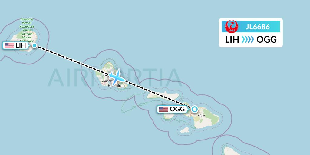 JL6686 Japan Airlines Flight Map: Lihue to Kahului