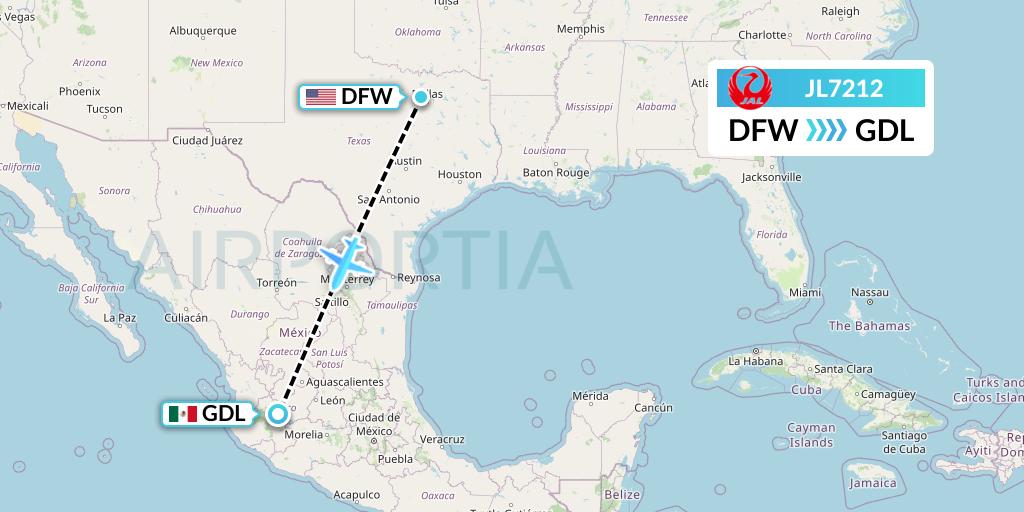 JL7212 Japan Airlines Flight Map: Dallas to Guadalajara