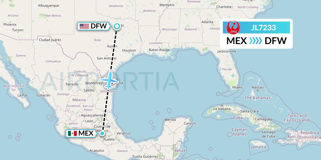 JL7233 Japan Airlines Flight Map: Mexico City to Dallas