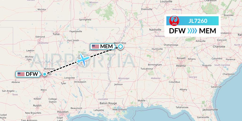 JL7260 Japan Airlines Flight Map: Dallas to Memphis