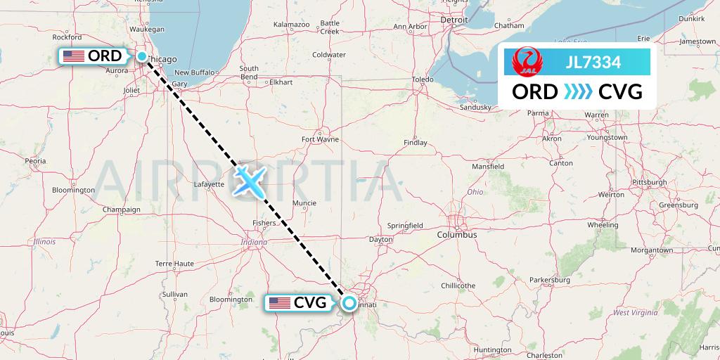 JL7334 Japan Airlines Flight Map: Chicago to Cincinnati