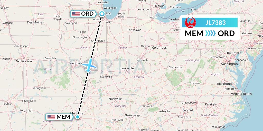 JL7383 Japan Airlines Flight Map: Memphis to Chicago