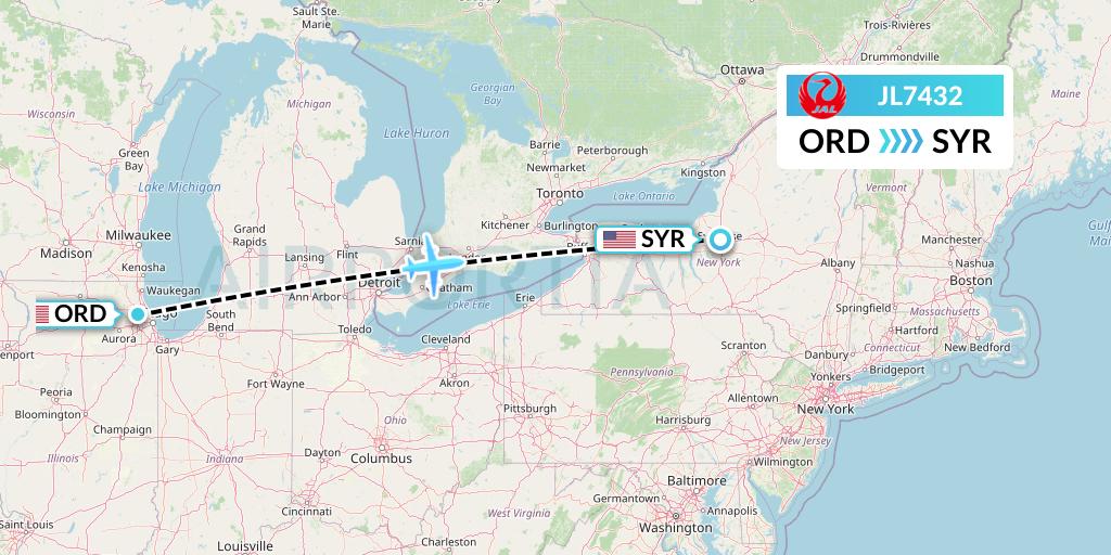JL7432 Japan Airlines Flight Map: Chicago to Syracuse