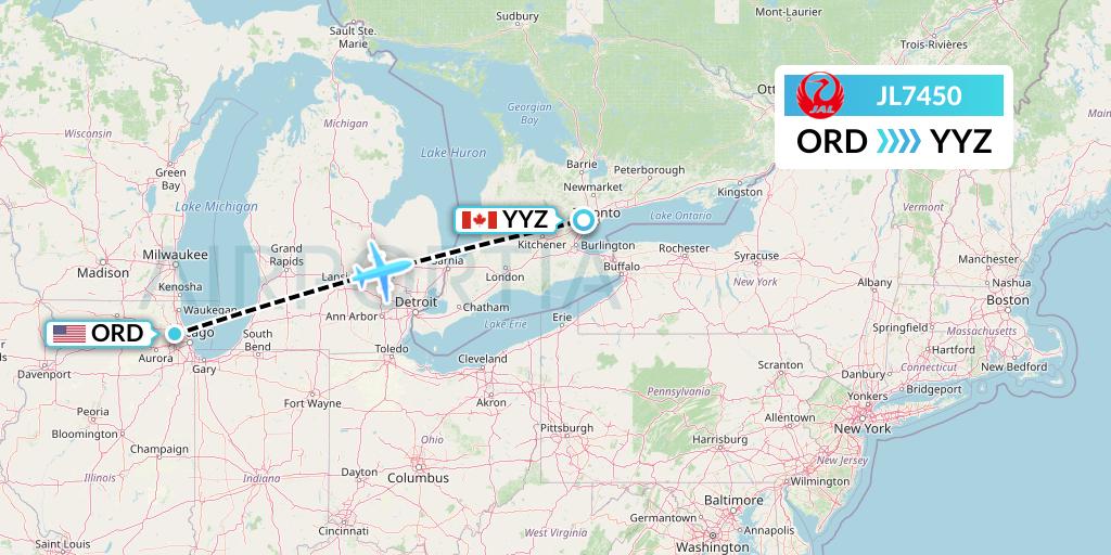 JL7450 Japan Airlines Flight Map: Chicago to Toronto