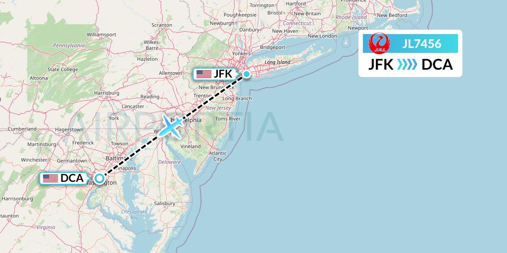 JL7456 Japan Airlines Flight Map: New York to Washington