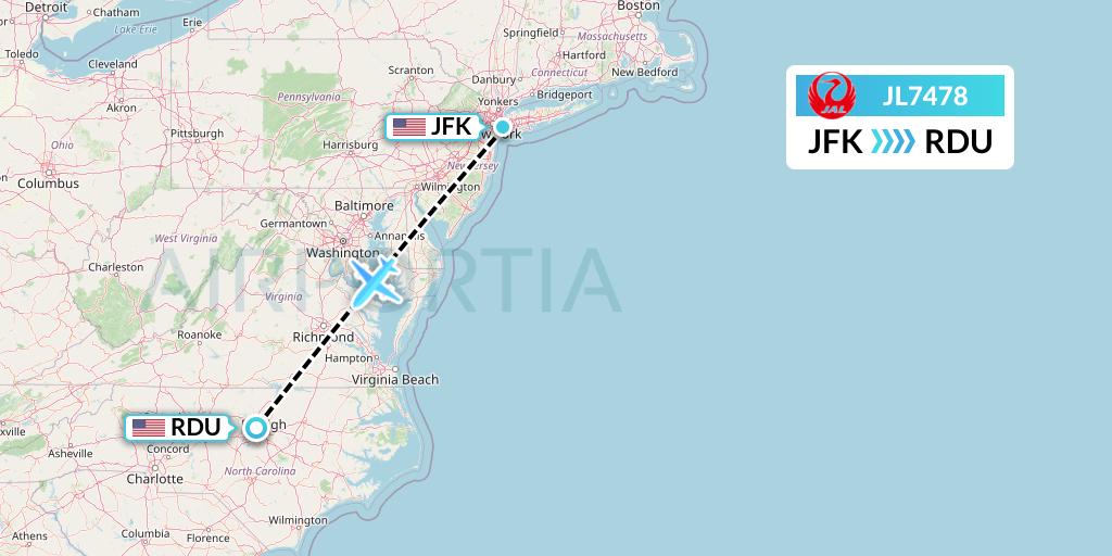 JL7478 Japan Airlines Flight Map: New York to Raleigh-Durham