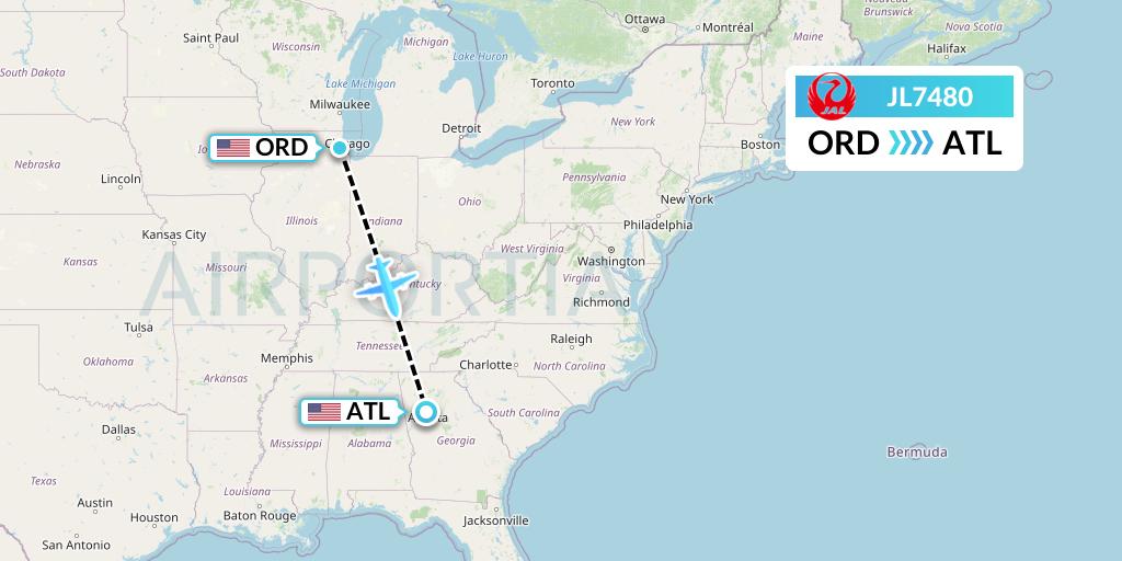 JL7480 Japan Airlines Flight Map: Chicago to Atlanta
