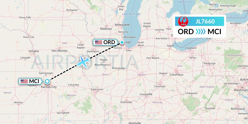JL7660 Japan Airlines Flight Map: Chicago to Kansas City