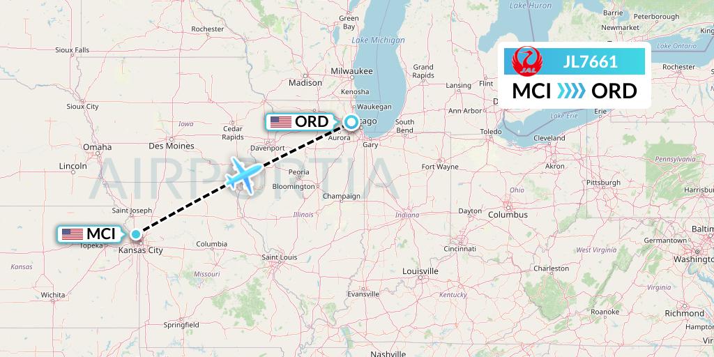 JL7661 Japan Airlines Flight Map: Kansas City to Chicago