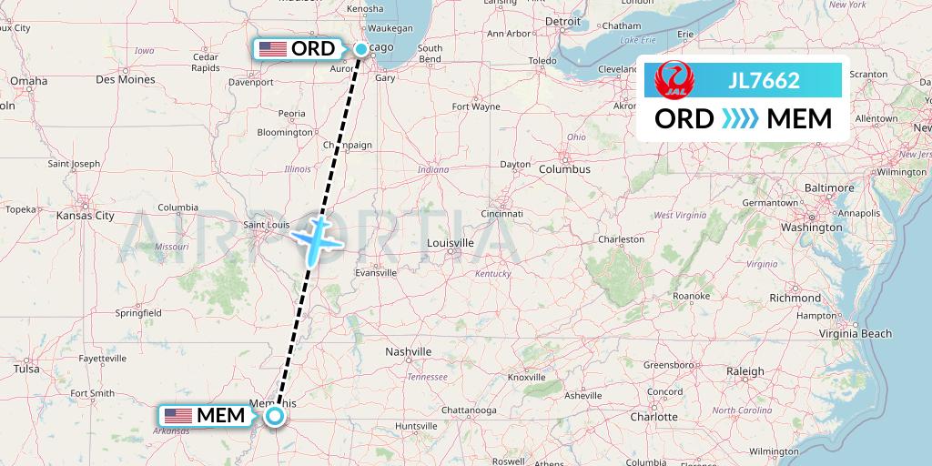 JL7662 Japan Airlines Flight Map: Chicago to Memphis