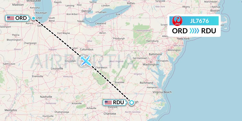 JL7676 Japan Airlines Flight Map: Chicago to Raleigh-Durham