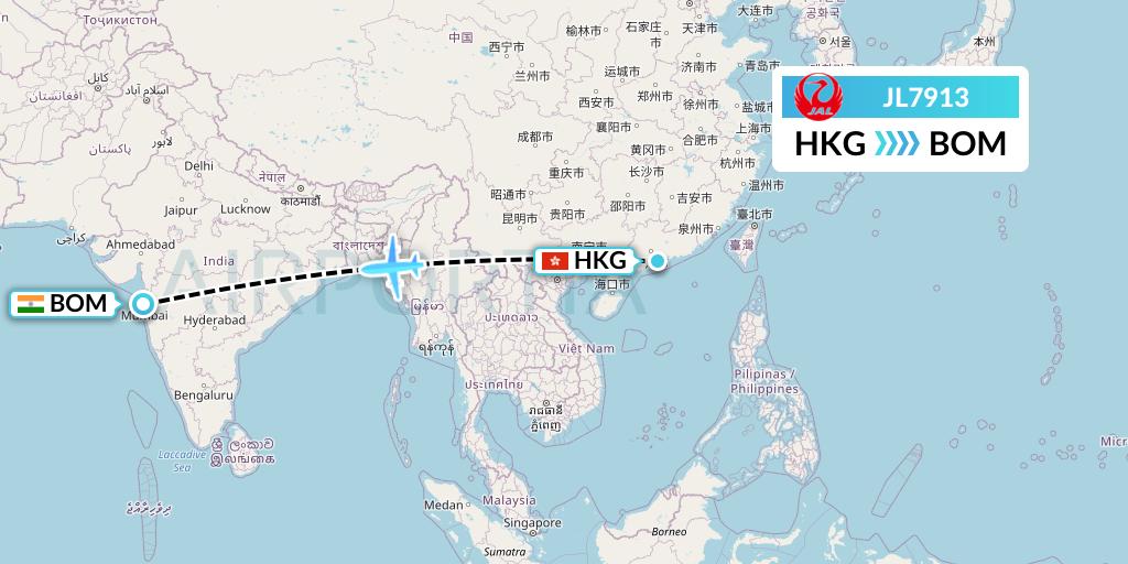 JL7913 Japan Airlines Flight Map: Hong Kong to Mumbai