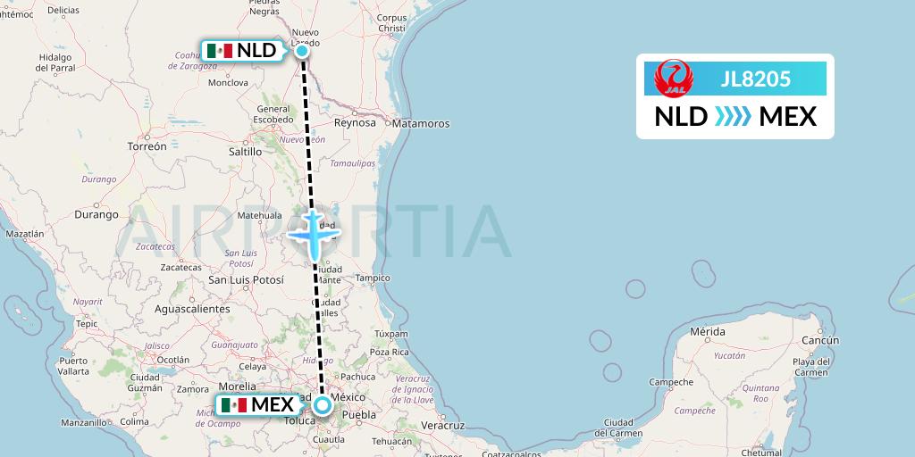 JL8205 Japan Airlines Flight Map: Nuevo Laredo to Mexico City
