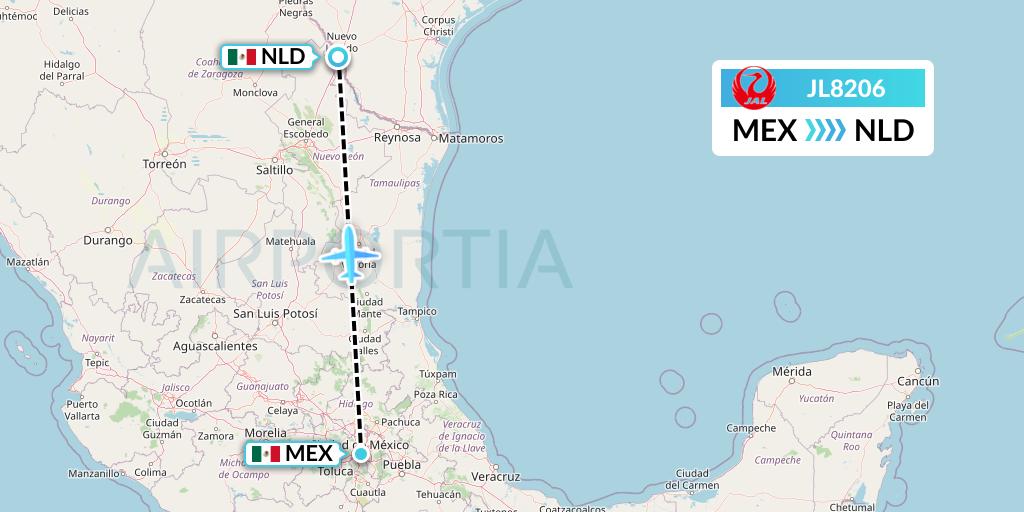 JL8206 Japan Airlines Flight Map: Mexico City to Nuevo Laredo