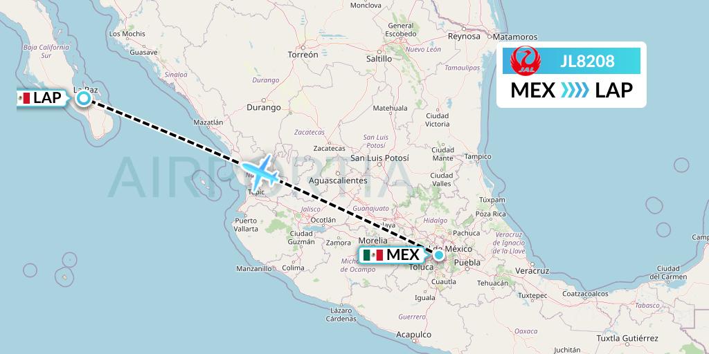 JL8208 Japan Airlines Flight Map: Mexico City to La Paz