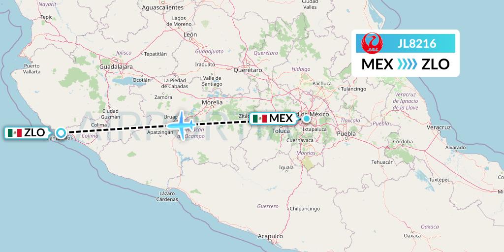 JL8216 Japan Airlines Flight Map: Mexico City to Manzanillo