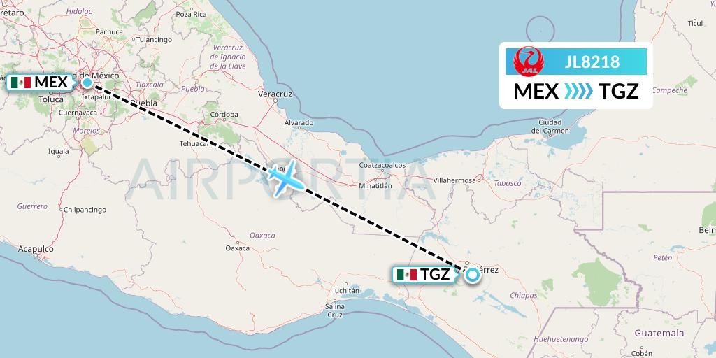 JL8218 Japan Airlines Flight Map: Mexico City to Tuxtla Gutierrez