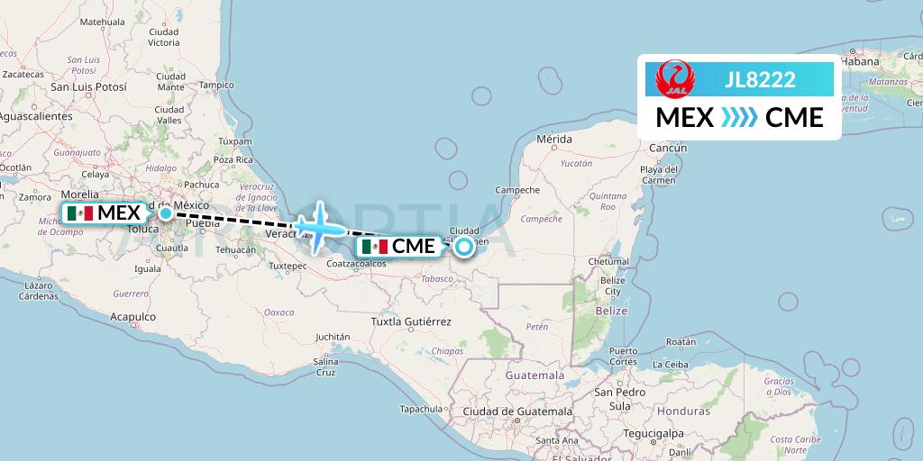 JL8222 Japan Airlines Flight Map: Mexico City to Ciudad del Carmen