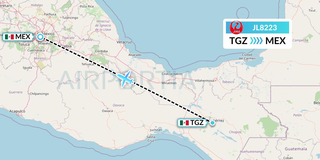 JL8223 Japan Airlines Flight Map: Tuxtla Gutierrez to Mexico City