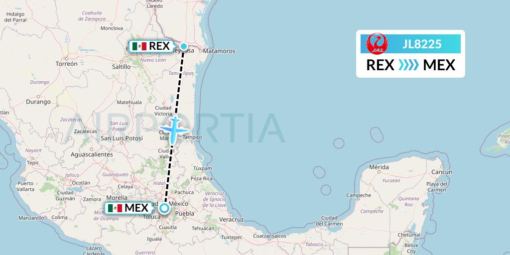 JL8225 Japan Airlines Flight Map: Reynosa to Mexico City