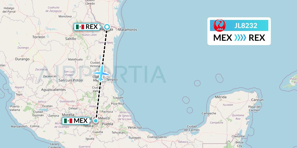 JL8232 Japan Airlines Flight Map: Mexico City to Reynosa