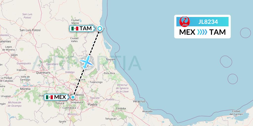 JL8234 Japan Airlines Flight Map: Mexico City to Tampico