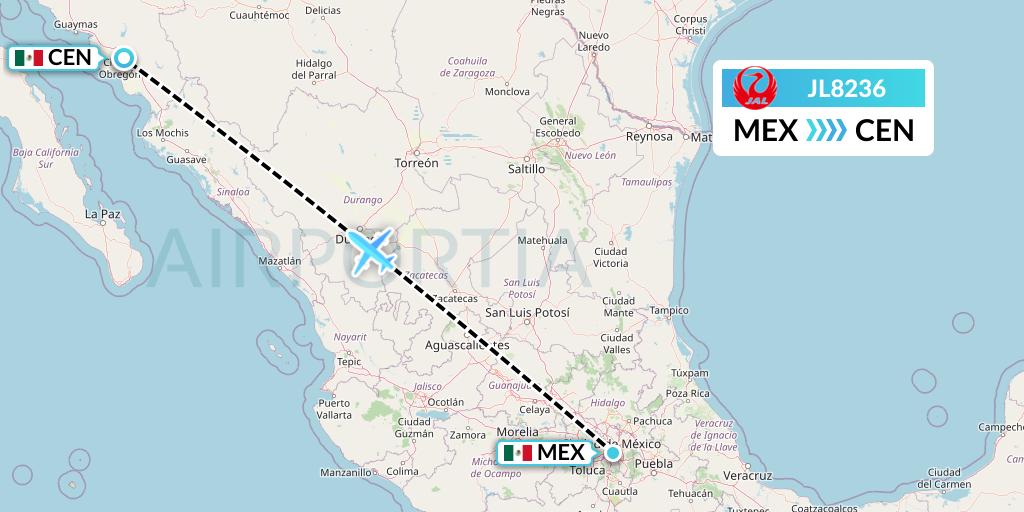 JL8236 Japan Airlines Flight Map: Mexico City to Ciudad Obregon