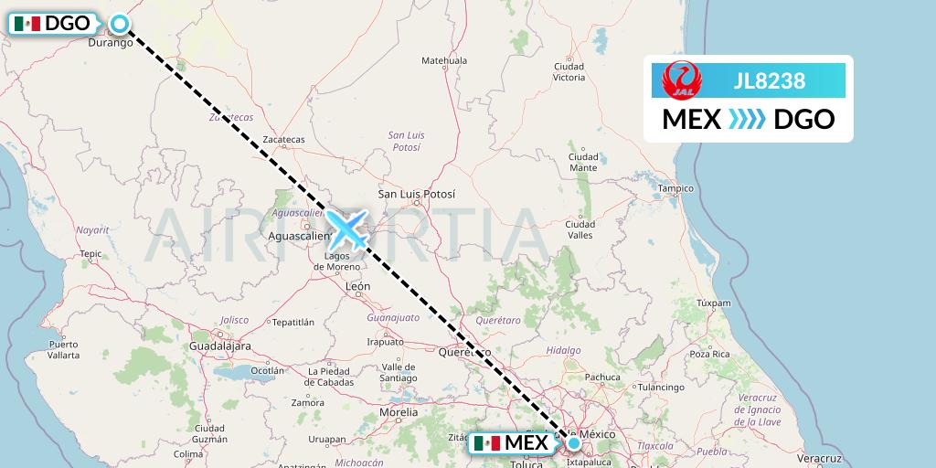 JL8238 Japan Airlines Flight Map: Mexico City to Durango