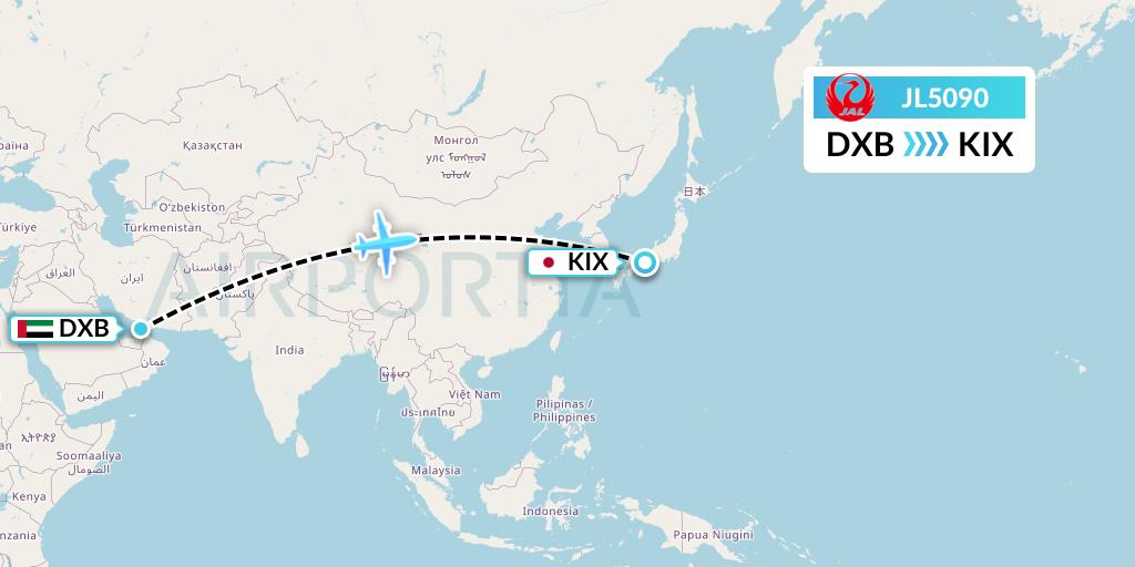 JL5090 Japan Airlines Flight Map: Dubai to Osaka