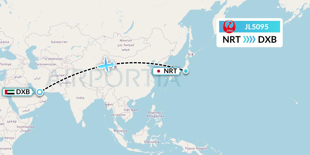 JL5095 Japan Airlines Flight Map: Tokyo to Dubai